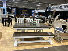 Load image into Gallery viewer, Stunning 72” dining set herringbone base white base stained top (SOLD)