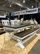 Load image into Gallery viewer, Stunning 72” dining set herringbone base white base stained top (SOLD)