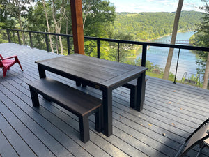 Outdoor dinning table with two matching benches made of poly