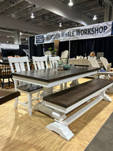 Load image into Gallery viewer, Stunning 72” dining set herringbone base white base stained top (SOLD)