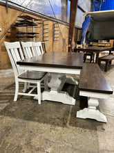Load image into Gallery viewer, Stunning 72” dining set herringbone base white base stained top (SOLD)