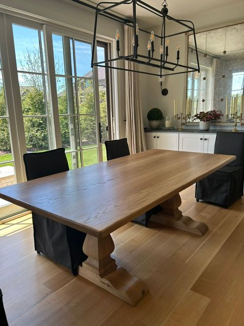 Thick solid oak dining table with a clear finish, built for Jan