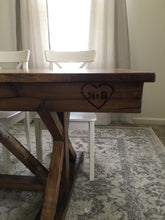Load image into Gallery viewer, Farmhouse fancy X trestle table hand made using reclaimed barn wood, reclaimed hard woods, and/or non-reclaimed woods.. Wooden Whale Workshop Custom Furniture butler pa ready to ship and custom wordword. reclaimed wood. New wood.
