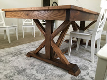 Load image into Gallery viewer, Farmhouse fancy X trestle table hand made using reclaimed barn wood, reclaimed hard woods, and/or non-reclaimed woods.. Wooden Whale Workshop Custom Furniture butler pa ready to ship and custom wordword. reclaimed wood. New wood. 
