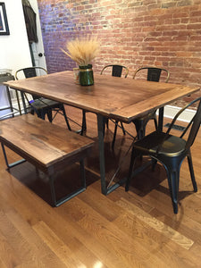 This gorgeous hand crafted table is skillfully built using reclaimed barn wood (usually pine), reclaimed hard wood (usually oak) or rough cut wood (usually maple) and handmade steel square legs. Wooden Whale Workshop Custom Woodwork, Butler, PA ready to ship and custom woodwork.Unique and beautiful. Great prices.
