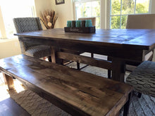 Load image into Gallery viewer, Big dining-room sized farmhouse trestle table made using reclaimed barn wood, reclaimed hard wood, or non-reclaimed hard wood.Wooden Whale Workshop Custom Woodwork, Butler, PA ready to ship and custom woodwork.Unique and beautiful. Great prices.