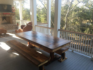 Big dining-room sized farmhouse trestle table made using reclaimed barn wood, reclaimed hard wood, or non-reclaimed hard wood.Wooden Whale Workshop Custom Woodwork, Butler, PA ready to ship and custom woodwork.Unique and beautiful. Great prices.