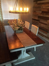 Load image into Gallery viewer, Big dining-room sized farmhouse trestle table made using reclaimed barn wood, reclaimed hard wood, or non-reclaimed hard wood.Wooden Whale Workshop Custom Woodwork, Butler, PA ready to ship and custom woodwork.Unique and beautiful. Great prices.