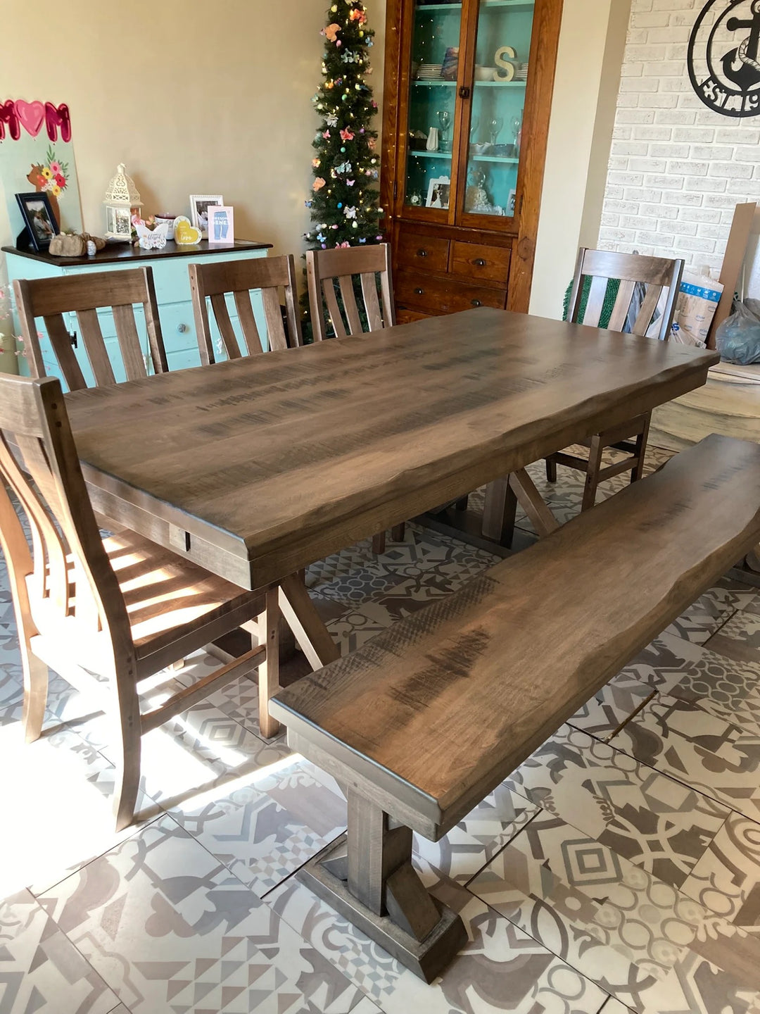 Kirsten's handcrafted dining table, bench and chairs