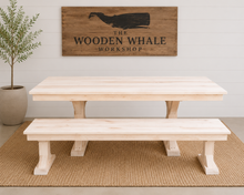 Load image into Gallery viewer, 72” Farmhouse Trestle Dining Table with Matching Bench | Ready to Ship | Choose Your Stain
