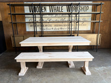 Load image into Gallery viewer, 72” Farmhouse Trestle Dining Table with Matching Bench | Ready to Ship | Choose Your Stain
