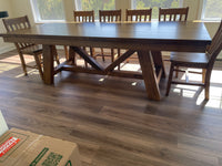 Custom made solid wood table.
Table to seat any number of people. 
Table to seat 18. Table to seat 16. Table to seat 12. Table to seat 10 table to seat 8. Table to seat 6. Table to seat 4