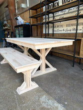 Load image into Gallery viewer, 72” Farmhouse Trestle Dining Table with Matching Bench | Ready to Ship | Choose Your Stain
