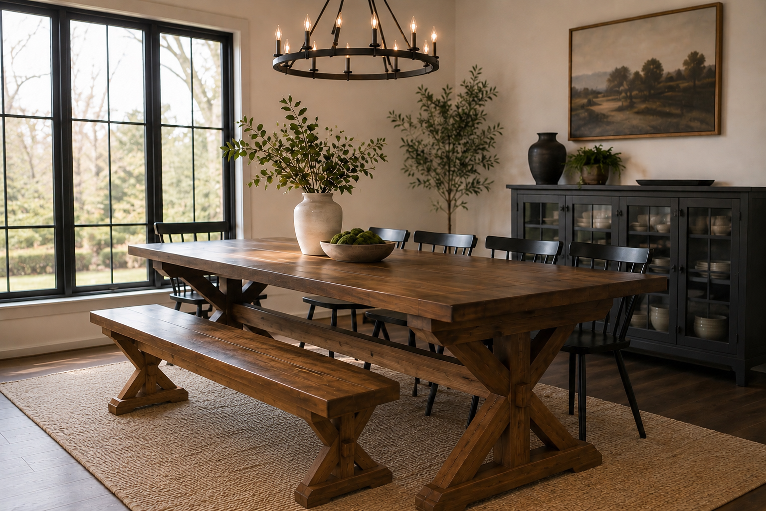 Trestle X Farmhouse Dining Table with Beam