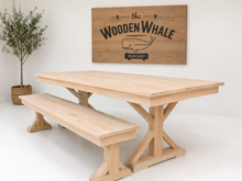 Load image into Gallery viewer, 72” Farmhouse Trestle Dining Table with Matching Bench | Ready to Ship | Choose Your Stain
