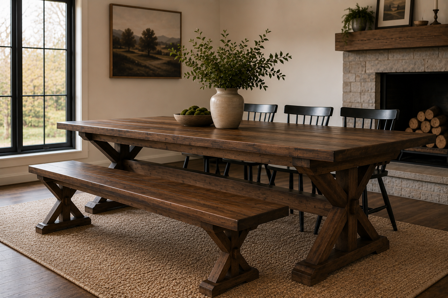 Trestle X Farmhouse Dining Table with Beam