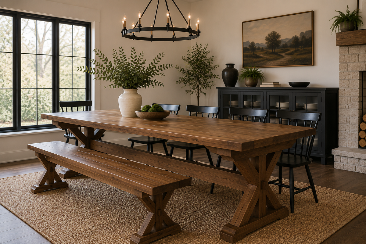 Trestle X Farmhouse Dining Table with Beam