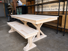 Load image into Gallery viewer, 72” Farmhouse Trestle Dining Table with Matching Bench | Ready to Ship | Choose Your Stain
