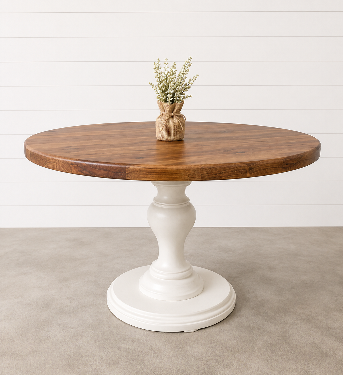 48” Round Black Walnut Dining Table with White Tulip Pedestal Base | Ready to Ship | The Wooden Whale Workshop