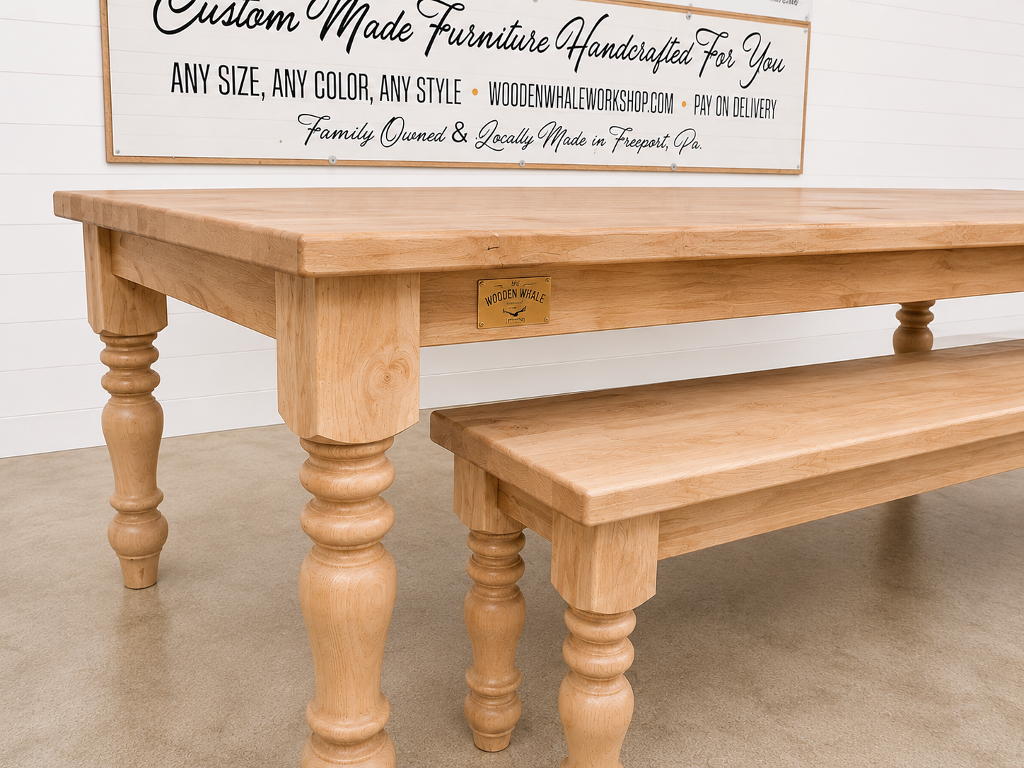 9 Foot Solid Maple Victorian Spindle Leg Dining Table with Matching Bench | Ready to Ship | The Wooden Whale Workshop