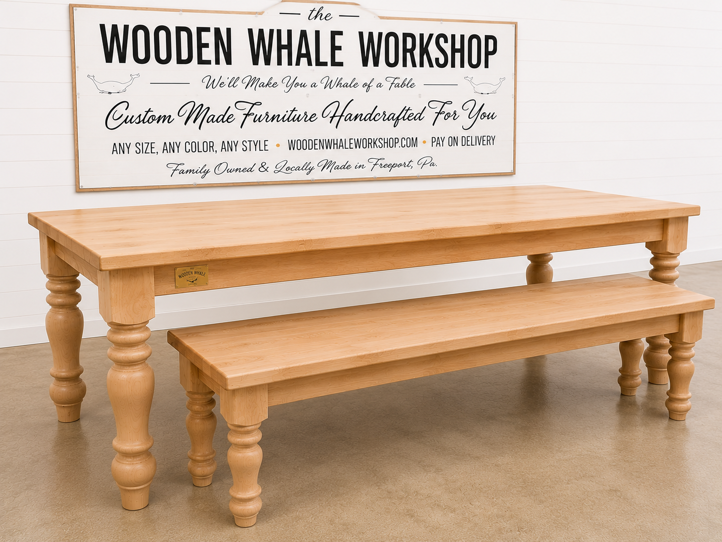 9 Foot Solid Maple Victorian Spindle Leg Dining Table with Matching Bench | Ready to Ship | The Wooden Whale Workshop