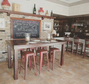 This Pub Height Farmhouse Table adds a very cool vibe that goes great with many different décor styles from rustic to eclectic. Wooden Whale Workshop Custom Woodwork ready to ship 