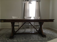 Farmhouse fancy X trestle table hand made using reclaimed barn wood, reclaimed hard woods, and/or non-reclaimed woods.. Wooden Whale Workshop Custom Furniture butler pa ready to ship and custom wordword. reclaimed wood. New wood. 