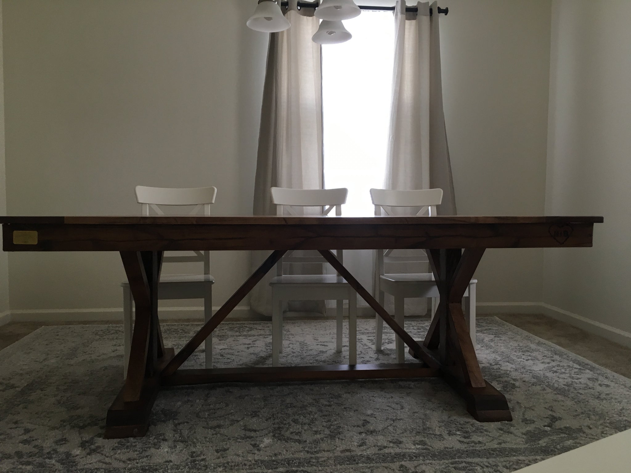 Farmhouse fancy X trestle table hand made using reclaimed barn wood, reclaimed hard woods, and/or non-reclaimed woods.. Wooden Whale Workshop Custom Furniture butler pa ready to ship and custom wordword. reclaimed wood. New wood. 
