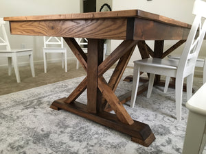 Farmhouse fancy X trestle table hand made using reclaimed barn wood, reclaimed hard woods, and/or non-reclaimed woods.. Wooden Whale Workshop Custom Furniture butler pa ready to ship and custom wordword. reclaimed wood. New wood. 