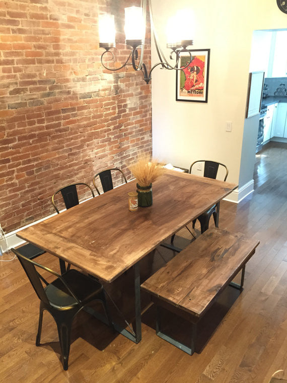 This gorgeous hand crafted table is skillfully built using reclaimed barn wood (usually pine), reclaimed hard wood (usually oak) or rough cut wood (usually maple) and handmade steel square legs. Wooden Whale Workshop Custom Woodwork, Butler, PA ready to ship and custom woodwork.Unique and beautiful. Great prices.