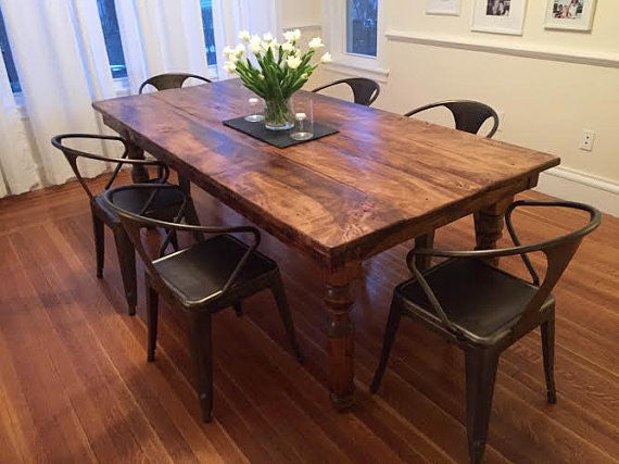  Kitchen or dining-room farmhouse table hand made using reclaimed barn wood, rough cut wood, and thick, sturdy Osborne Wood spindle legs Wooden Whale Workshop Custom Woodwork, Butler, PA ready to ship and custom woodwork.Unique and beautiful. Great prices.
