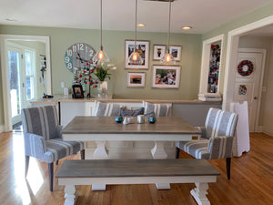 Restoration hardware inspired dining table. Restoration hardware styles, pittsburgh prices. Affordable customizable furniture made from our family to yours. This beautiful chip and Joanna style table has chunky table and bench legs. Modern farmhouse two toned table and bench. Furniture near pittsburgh pa