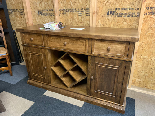 Beautiful solid wood Buffet. Gorgeous honey stain the sideboard offers storage and is ready for delivery. Our shop is located about an hour north of Pittsburgh and we offer a local delivery