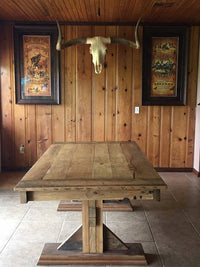 Big dining-room sized farmhouse trestle table made using reclaimed barn wood, reclaimed hard wood, or non-reclaimed hard wood.Wooden Whale Workshop Custom Woodwork, Butler, PA ready to ship and custom woodwork.Unique and beautiful. Great prices.