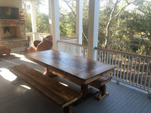 Load image into Gallery viewer, Big dining-room sized farmhouse trestle table made using reclaimed barn wood, reclaimed hard wood, or non-reclaimed hard wood.Wooden Whale Workshop Custom Woodwork, Butler, PA ready to ship and custom woodwork.Unique and beautiful. Great prices.
