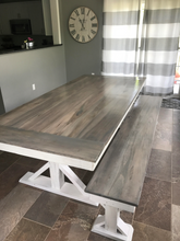 Load image into Gallery viewer, Big dining-room sized farmhouse trestle X table hand made using a mix of reclaimed barn wood and rough cut hard woods. Wooden Whale Workshop Custom Woodwork, Butler, PA ready to ship and custom woodwork.Unique and beautiful. Great prices.

