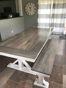 Big dining-room sized farmhouse trestle X table hand made using a mix of reclaimed barn wood and rough cut hard woods. Wooden Whale Workshop Custom Woodwork, Butler, PA ready to ship and custom woodwork.Unique and beautiful. Great prices.