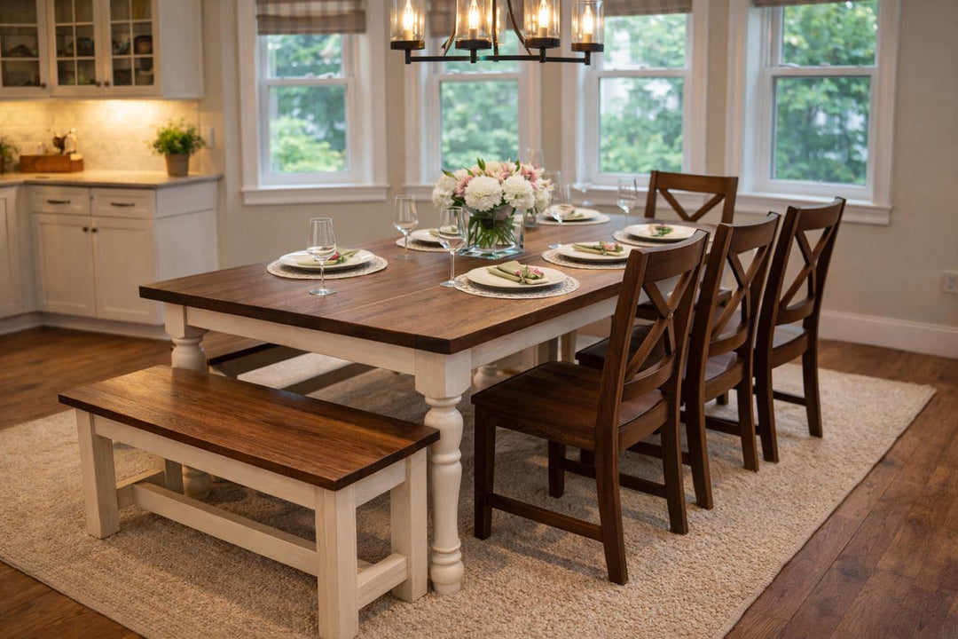 Solid wood dining table with a matching bench and chairs in a bright dining room