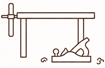 Line drawing of a workbench with a clamp and plane
